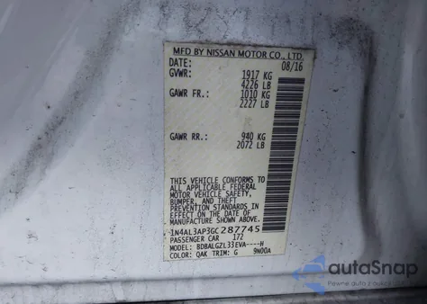 2016 Nissan Altima 2.5 S z USA, uszkodzony, nr VIN 1N4AL3AP3GC287745